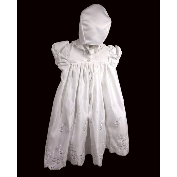 Baby Girl Christening Baptism Dress Bonnet Set Sz 6-9M White Satiny Embroidered - Picture 2 of 12